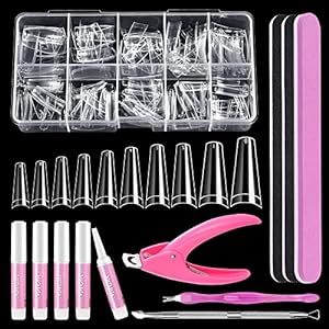 Clear Coffin Nail Tips Set, MORGLES 500pcs Long Nail Tips for Acrylic Nails Professional Half Cover Ballerina French Nail Tips Fake Nails Kit with Nail Glue, Clipper, Files, Cuticle Pusher and Fork